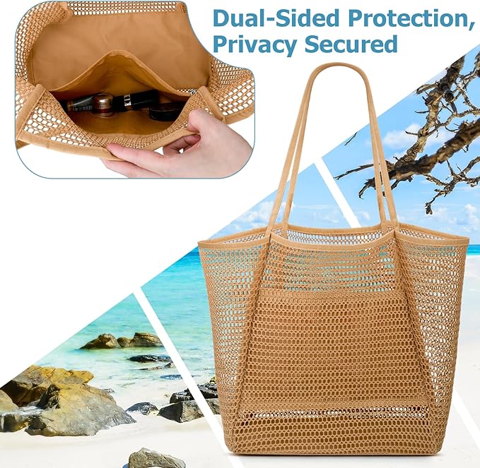 Iioscre Beach Bag for Women, Causal Hobo Pool Bags with Zipper Inner Pocket, Foldable Swim Tote Bag for Vacation Essentials