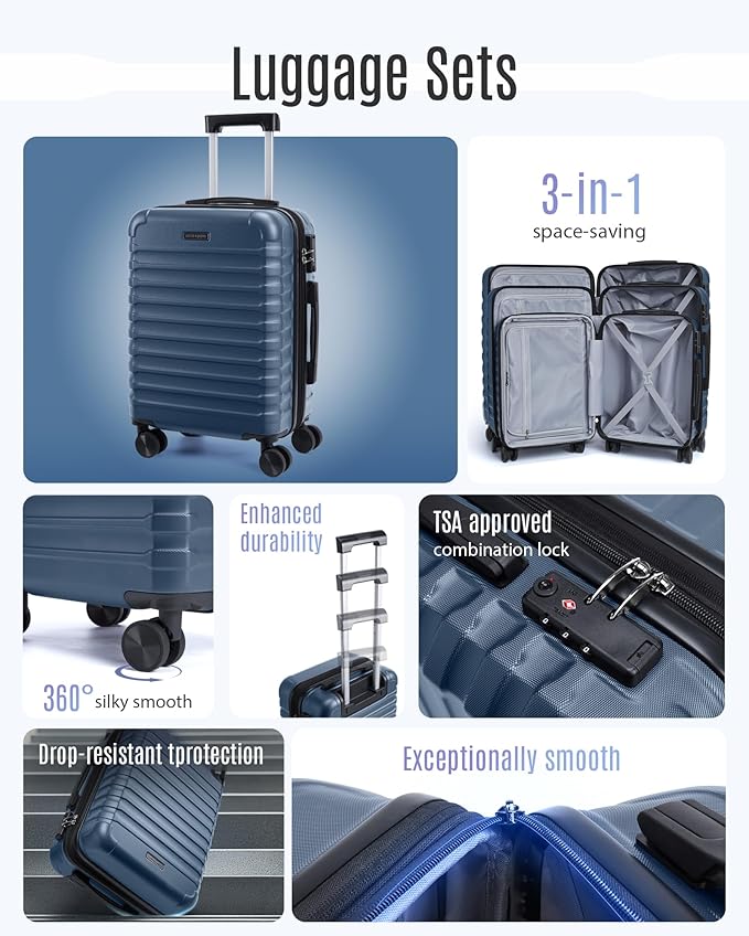 LIGHT FLIGHT Luggage Sets, 3 Piece Durable Suitcase Set with Spinner Wheels, 3 Pcs Hard Shell Lightweight Luggage with TSA Lock, Large Checked Travel Suitcases, 20/24/28 Inch, Royal Blue