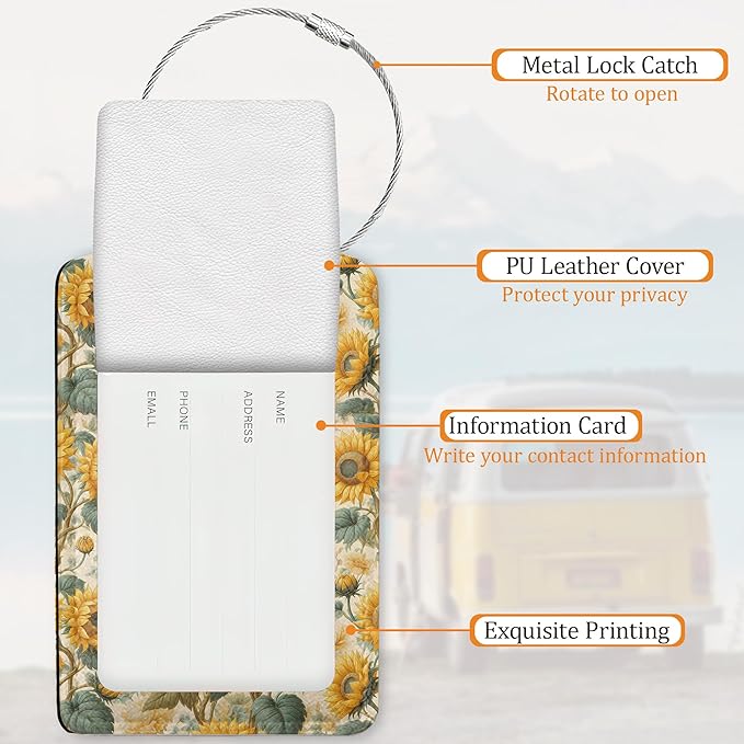 Sunflower Luggage Tags for Suitcase 3 Pack, Privacy Cover ID Label with Stainless Steel Loop and Address Card for Travel Bag Suitcase