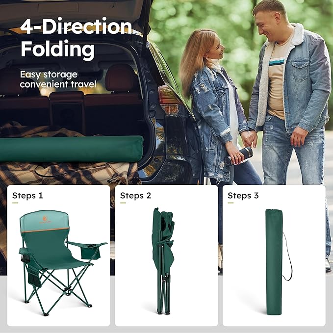 ALPHA CAMP Camping Chairs 250LBS Capacity, Heavy Duty Folding Chair with 4-Can Cooler Bag, Portable Outdoor Chair with Cup Holder for Adults, Collapsible for Tailgating, Beach, Fishing,Black,2PC