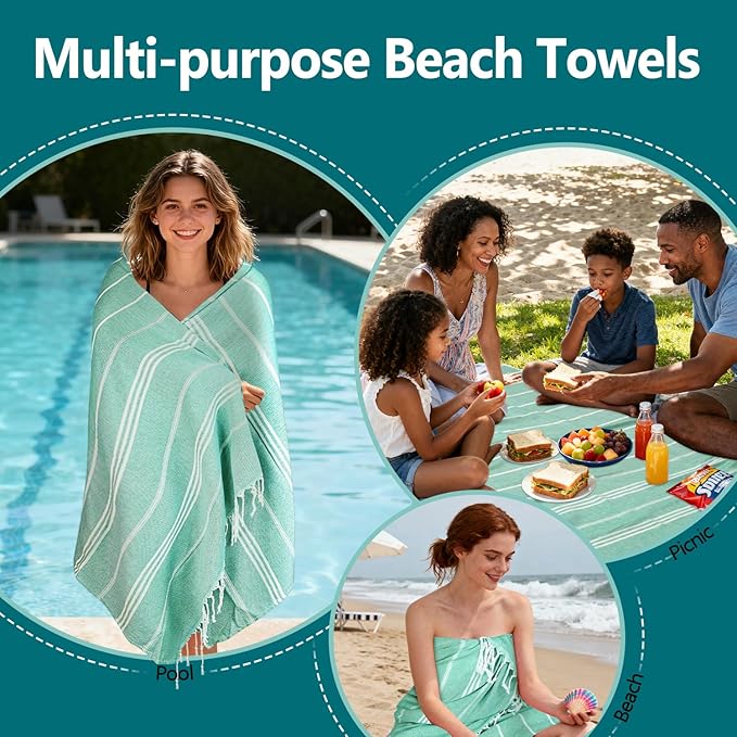 YSYJ 24 Pack Turkish Beach Towel 36"x71" Beach Towels Oversized Bath Towels Sand Free Quick Dry Turkish Towel Bulk Extra Large Pool Blanket Teal
