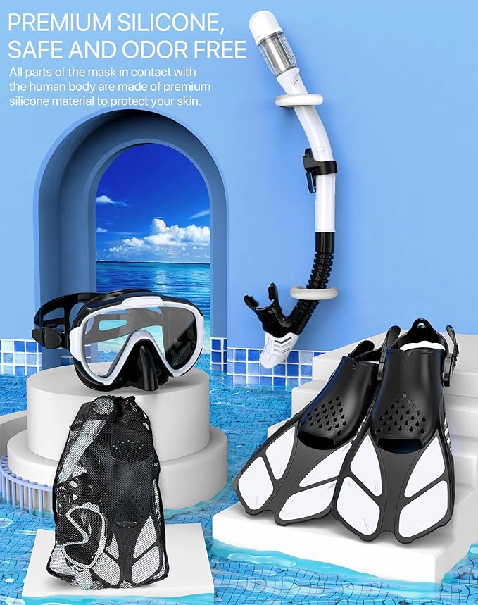 Ubekezele Snorkeling Gear for Adults Men Women,4 in 1 Snorkel Set with Panoramic View Diving Mask Anti-Fog Anti-Leak,Dry Top Snorkel,Fins and Travel Bag for Swimming,Snorkeling and Travel Diving