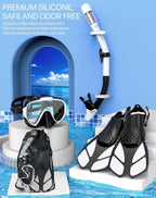 Ubekezele Snorkeling Gear for Adults Men Women,4 in 1 Snorkel Set with Panoramic View Diving Mask Anti-Fog Anti-Leak,Dry Top Snorkel,Fins and Travel Bag for Swimming,Snorkeling and Travel Diving