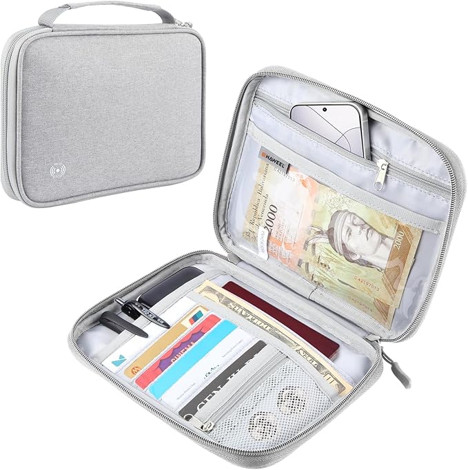 RFID Blocking Travel Wallet, RFID Passport Wallet for Women/Men,Tote Passport Holder for Travel Family, Waterproof Passport Holders Bag,Travel Document Organizer Credit Cards Case(Grey-Large)
