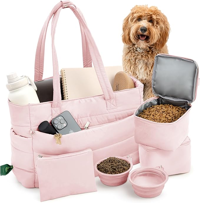 rubyloo Puffer Dog Travel Bag for Dog Moms – Doggy Diaper Bag with Pet Bowls & Food Storage or Everyday Puffy Tote – Doggy Mom Gifts for Women – Lightweight, Travel-Ready Gift for Pet Lovers - Pink