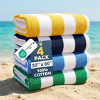 LANE LINEN Beach Towels 4 Pack - 520 GSM 100% Cotton Pool Towel for Adults – 30"x60" Beach Towels Oversized, Thick & Highly Absorbent - Super Soft & Quick Dry Cabana Stripe Large Towel Set - Suncrest
