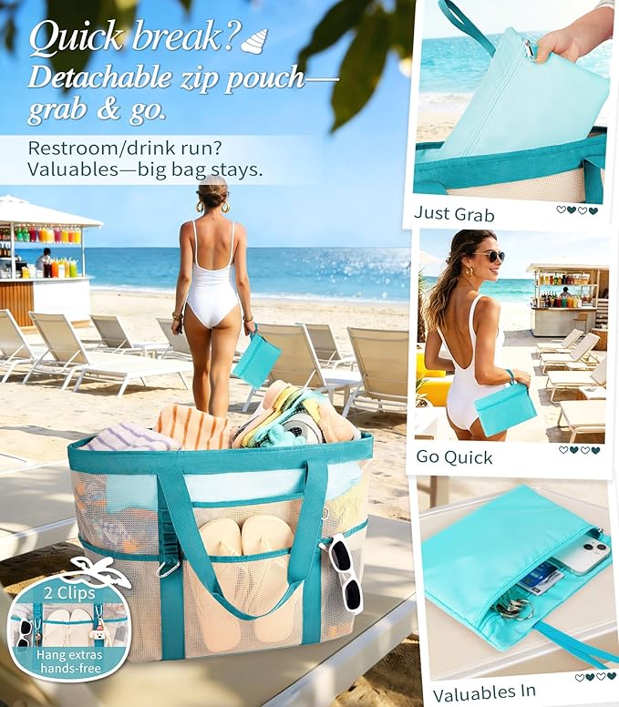 2026 Stylish & Spacious XX-Large Beach Bag for Women – Mesh × Canvas Tote with Top Zipper, 11 Tall Pockets | 40L+ Spacious, 11 Tall Pockets, Zipper Pouch, Secure Zip-Top, Sand-Resistant Base