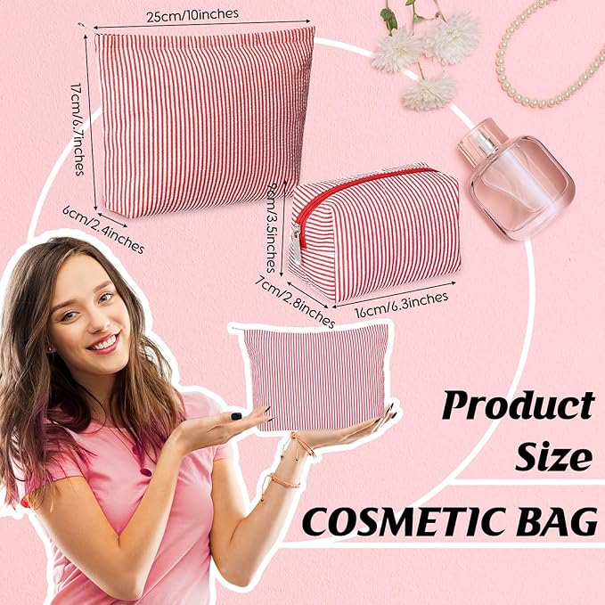 Huhumy 2 Pcs Makeup Bag Set Cute Cosmetic Pouch for Women Seersucker Travel Toiletry Bag Preppy Small Makeup Purse Pouch Aesthetic Skincare Brushes Storage Organizer for Valentine Women(Red)