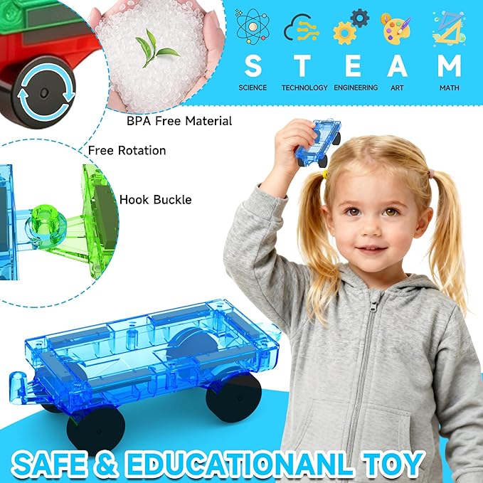 Mini Magnetic Tiles Cars Construction Set - 8 PCS Magnetic Car Base Compatiable with Mini & Standard Tiles, Magnet Building Blocks Expansion Set, Magnet Bricks Truck Toy for Boys & Girls