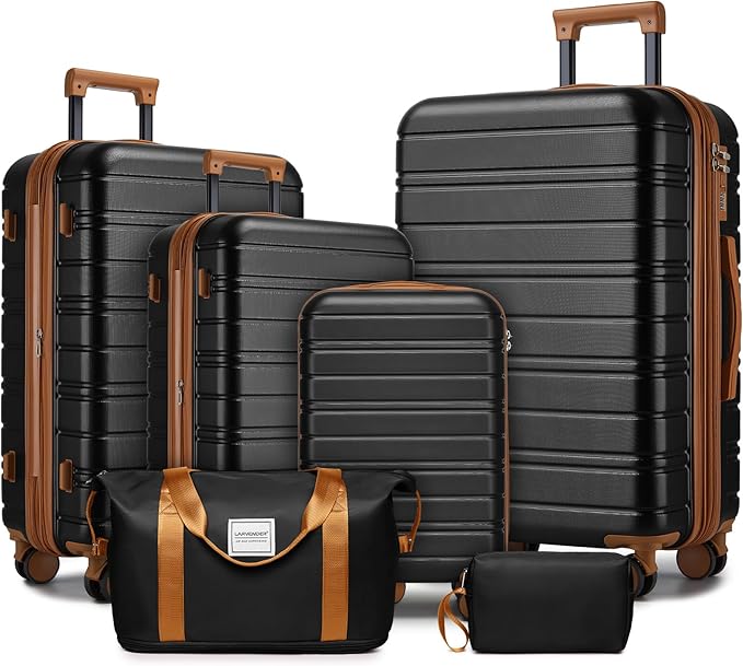 6 Piece Luggage Sets with Bags, Lightweight Expandable Checked Luggage Sets, Hardshell ABS Spinner Wheels Carry on Suitcase with TSA Lock, for Travel, Women Men (Black Brown, 18/20/24/28inch+2bags)