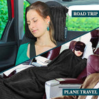 PAVILIA Travel Blanket Pillow, Airplane Blanket Set in Soft Bag with Pockets, Plane Blanket Compact Packable, Flight Essentials Car Pillow, Travelers Accessories Gifts, Luggage Strap, Black