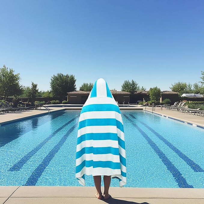 COTTON CRAFT Hooded Beach Towel - Oversized XXL 35x84 Towel with Hood for Adults - The Big Kahuna 7 Foot Beach Blanket Towel - Big & Tall Soft 100% Cotton Velour - Pool Bath Wrap - Cabana Stripe Aqua