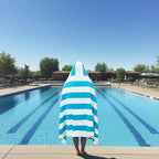 COTTON CRAFT Hooded Beach Towel – Oversized 35 x 70 Towel with Hood for Adults - 100% Cotton Velour Dobby Terry Towel - 450 GSM Pool Bath Wrap - Soft Absorbent Quick Dry – Cabana Stripe Aqua