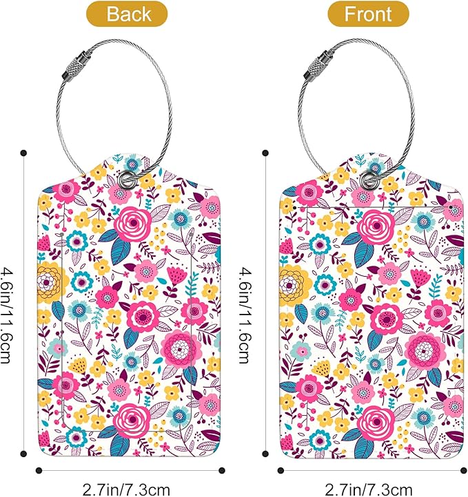 2Pack Luggage Tags for Suitcases, Cute Unique Pu Leather Cruise Luggage Tag with Privacy Cover ID Label Address Card and Metal Ring Suitable for Women Men Kids Travel Bag Pink and Yellow Flowers 1