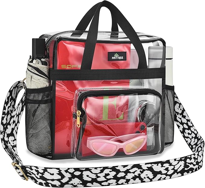 MAY TREE Clear Bag for Stadium Events, 12x6x15 Clear Tote Bag with Removable Strap, Transparent Bag for Concert Sports Gym, Cow-Strap
