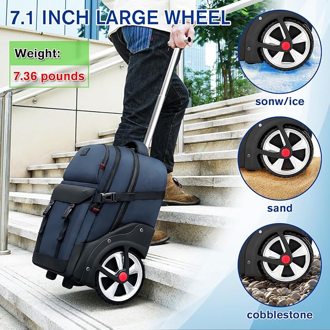 MATEIN Rolling Backpack with Wheels, 17 Inch Large Roller Backpack with Combination Lock, Water Resistant Anti Theft Travel Wheeled Backpacks Laptop Back Pack for Men Women Work Business Commute, Blue