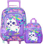 2Pcs Girls Suitcase Set, Kids Carry on Rolling Luggage with Wheels, Cat Travel Suitcases with Toddler Backpack(Pink)