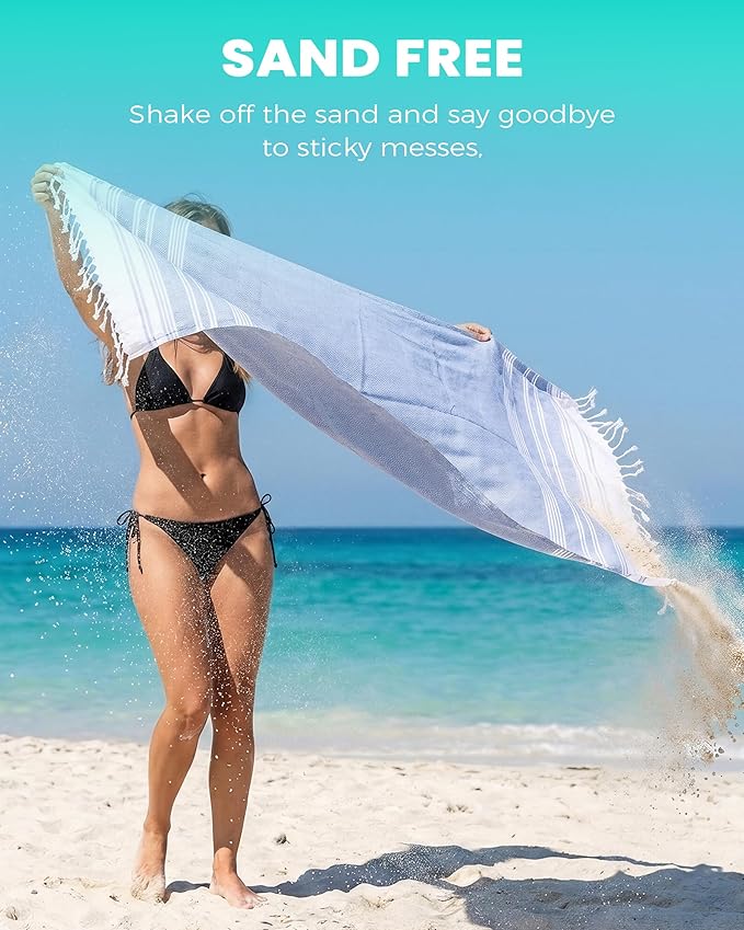 2 Pack Antfuny Turkish Beach Towel Vacation Essentials Quick Dry Sand Free Soft Absorbent Adult Oversized Bath Pool Swim Long Wide Stripe Towel Sound Cloud Linen Mat Summer Thing Lightweight Thin Blue