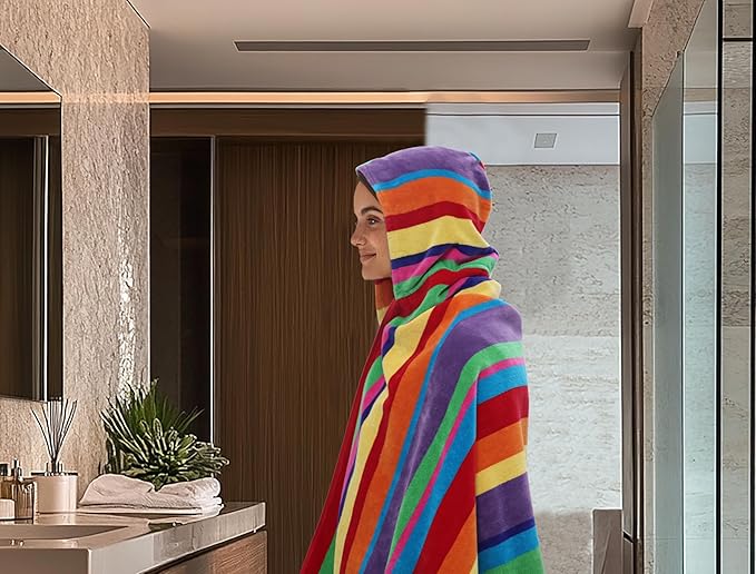 COTTON CRAFT Hooded Beach Towel - Oversized XXL 35x84 Towel with Hood for Adults - Summer of Siam - The Big Kahuna 7 Foot Beach Blanket Towel - Big & Tall Soft 100% Cotton Velour - Multi Color Stripe