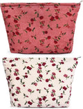 SOIDRAM 2 Pieces Rose Makeup Bag Large Corduroy Cosmetic Bag Capacity Canvas Travel Toiletry Bag Organizer Cute Makeup Brushes Aesthetic Accessories Storage Bag for Women, Rose L White Pink