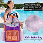 Swim Bag for Kids Mesh Beach Backpack for Boys Lightweight Drawstring Beach Bag Swimming Pool Sports Gym String Bag (Purple-Orange)