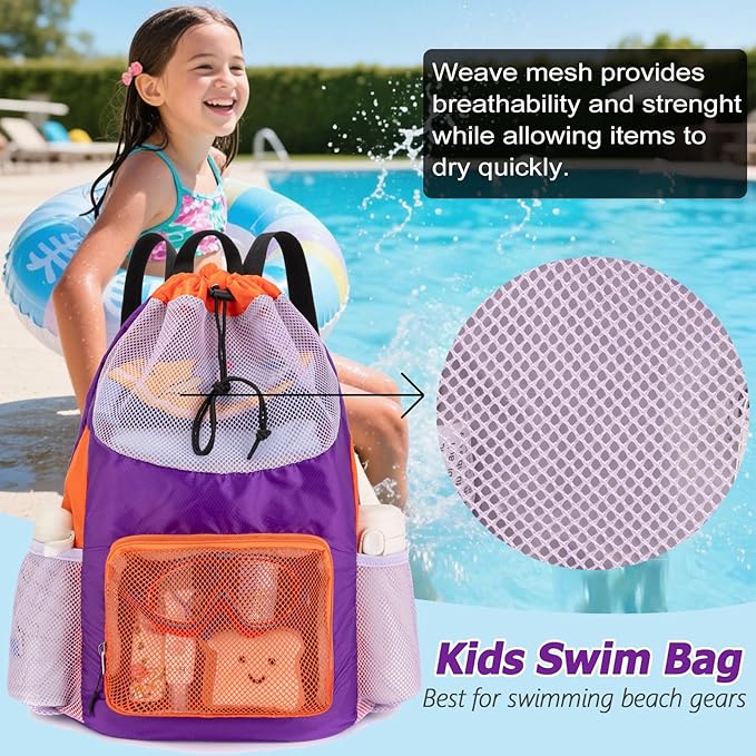 Swim Bag for Kids Mesh Beach Backpack for Boys Lightweight Drawstring Beach Bag Swimming Pool Sports Gym String Bag (Purple-Orange)