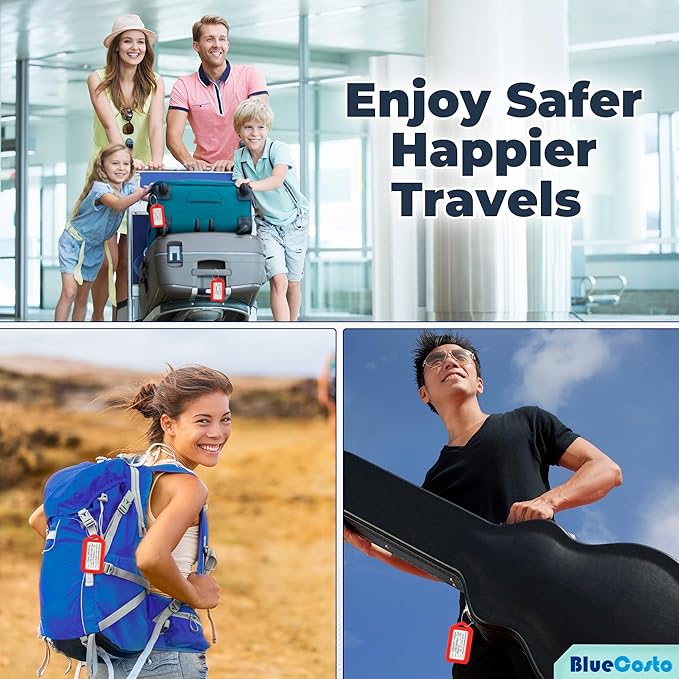 BlueCosto - Luggage Tags - Red, 10 Pack - Suitcase Tags with Name ID Card & Heavy-Duty Metal Wire Loops - Bright Colored PVC Identifiers for Travel Baggage - Backpack Name Labels