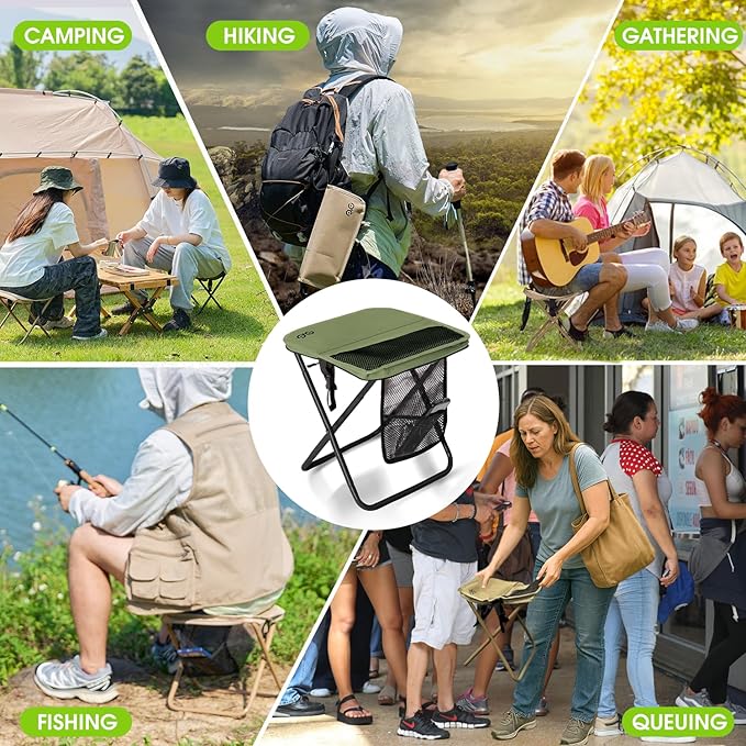 CAMDOOR Portable Collapsible Stool, 16″Folding Stool with 3 Side Pockets and Shoulder Strap, Extra Large Camping Chair Supports 400 lbs, Ultralight Portable Seat for Outdoor, Hiking, Fishing (Green)