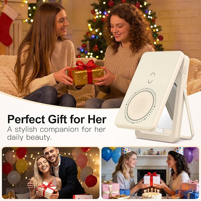 5-in-1 Magnetic Wireless Power Bank, 5000mAh Portable Charger with LED Mirror, Phone Stand, Card Holder & Bluetooth Remote, 20W Fast Charging for iPhone & Android, Travel Essential for Women, Khaki