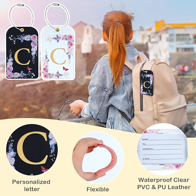 3 Pack Luxury Floral Luggage Tags, Durable PU Leather Suitcase Tags with Stainless Steel Cable Strap, Hidden ID Slot for Privacy Protection, Easy to Identify Waterproof Travel Accessories Gift (C)