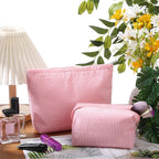 Huhumy 2 Pcs Makeup Bag Set Cute Cosmetic Pouch for Women Seersucker Travel Toiletry Bag Preppy Small Makeup Purse Pouch Aesthetic Skincare Brushes Storage Organizer for Valentine Women(Rose Pink)