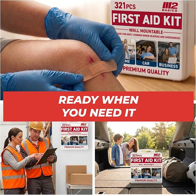 M2 BASICS 321 Piece First Aid Kit, Hard Case Emergency Medical Kit with Supplies for Home, Car, School, Office, Workplace