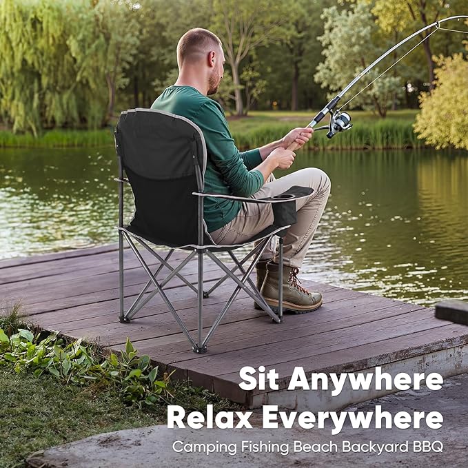 NEWBULIG Oversized Folding Camping Chair for Adults, Portable Outdoor Collapsible Chairs, 500 LBS Heavy Duty Support, with Cup Holders, for Lawn, Fishing, Hiking, Black