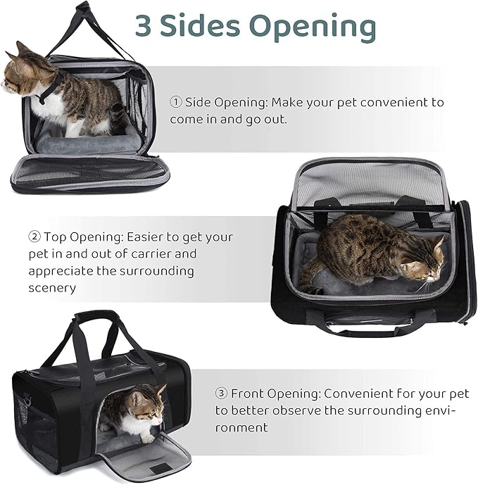Wakytu TSA Approved Pet Carrier for Small Medium Cats and Dogs | Dog Carrier with Adequate Ventilation | 4 Mesh Windows, 3 Entrance, Locking Safety Zippers, Padded Shoulder Strap, Black