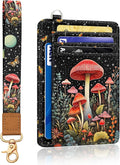 Yonlevres Mushroom Credit Card Holder Slim Wallet, RFID Wallet Women Front Pocket Wristlet Lanyard, Small Card Holder Travel Funny Cute Thin ID Window PU Leather Case Organizer Gifts Girls