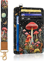 Yonlevres Mushroom Credit Card Holder Slim Wallet, RFID Wallet Women Front Pocket Wristlet Lanyard, Small Card Holder Travel Funny Cute Thin ID Window PU Leather Case Organizer Gifts Girls