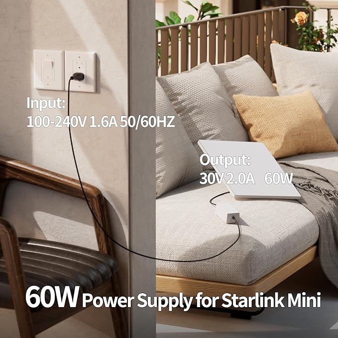 Starlink Mini Power Supply, 60W Starlink Mini Power Adapter AC Charger Wall Plug Steady 30V/2A with 1.8M Extension Cable Compatible with 150FT DC Power Cable