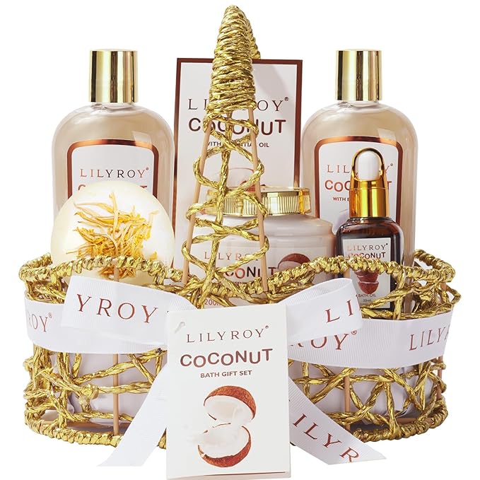 Mothers Day Gifts for Women - Coconut Bath and Body Gift Basket Set for Women and Men Spa Kit Spa Gift Baskets | Valentines Day Gifts, Birthday, Christmas Gift, All Occasion Present for Mom