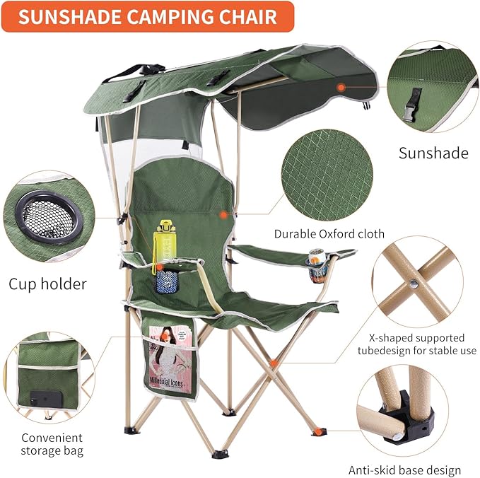 VTOY Portable Camping Chair with Canopy - Folding Chair with Canopy, Durable 600D Oxford Canopy Chair for Camping, Beach, Picnics, Fishing & Sports