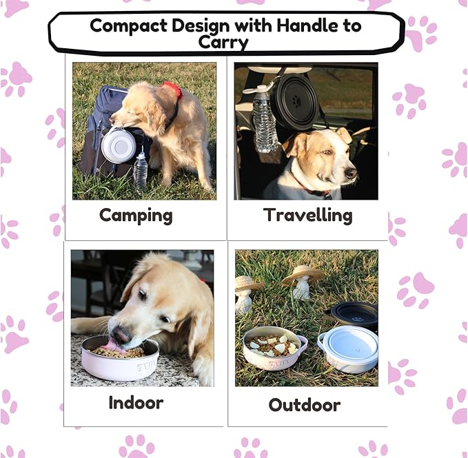 3-in-1 Travel Dog Bowl Set – 30 OZ Stainless Steel + 20 OZ Collapsible Water Bowl Lid | BPA-Free, Anti-Slip, Portable Dog Bowl w/Handle/Poop Bag Holder with Carabiner | Pink Bowls