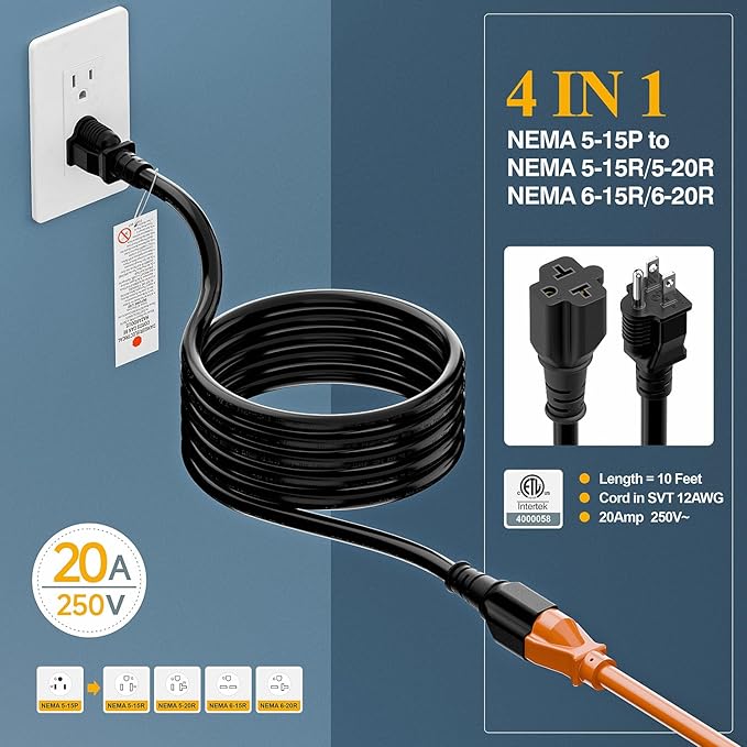 (10-Feet) NEMA 5-15P to 5-15R/ 5-20R/ 6-15R/ 6-20R AC Adapter, Plugrand 12AWG 15 Amp Household AC Plug to 20 Amp T Blade Adapter Cable, 15A 125V to 20A 250V Extension Cable, 10FT, Yellow