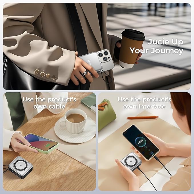 6-in-1 Magnetic Wireless Portable Charger 10000mAh – 22.5W Fast Charging with AC Wall Plug Built-in USB-C & Lightning Cables for iPhone 17/16/15/14/13/12, Android & Samsung(Silver)