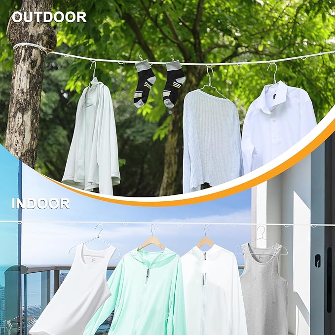 Vigorport Portable Travel Clothesline, Windproof Clothesline with Hang Hole, Indoor and Outdoor Clothes Line for Camping, Hotel, Backyard, Cruise Ship (White, 16.5Ft)