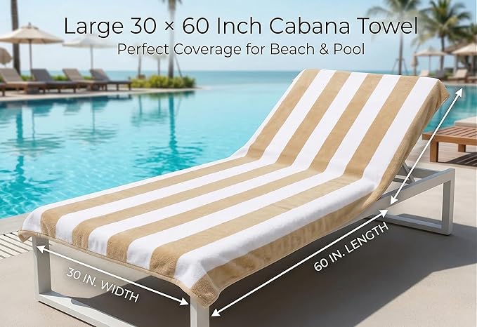 Premium Velour Cabana Beach Towel 2 Pack, 30” x 60” Soft Plush Cotton Pool Towel, Absorbent Quick Dry Towel for Beach and Pool (White Beige)