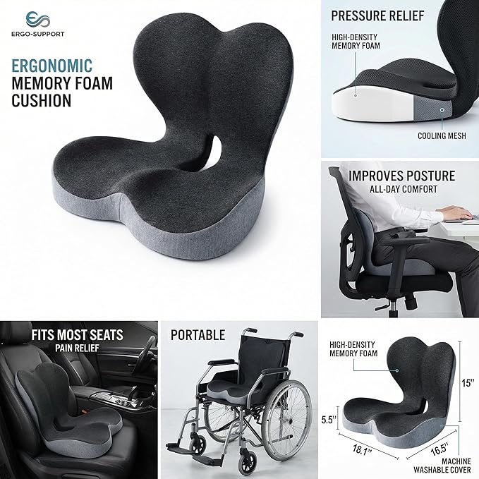 Memory Foam Seat Cushion for Office Chair & Car Seat, Ergonomic Coccyx Cushion for Pressure Relief & Back Support, Non-Slip Comfort Cushion for Driving, Wheelchair, Desk Chair, Home & Travel