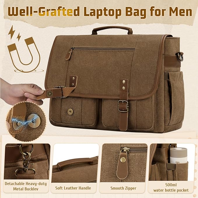 RAINSMORE Mens Messenger Bag 17-17.3 Inch Vintage Canvas Briefcase Water-resistant Large Computer Laptop Bag Rugged Satchel Shoulder Bag for Work Travel, Bookbag for College