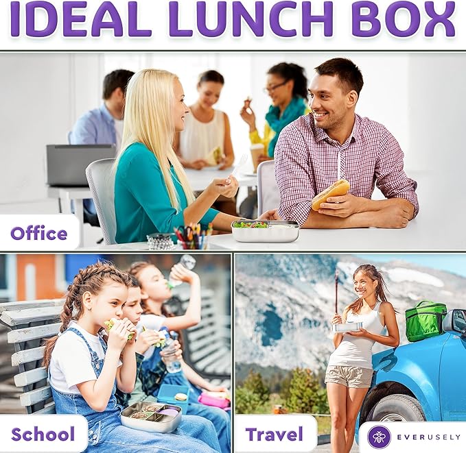 Everusely - Bento Box - Lavender, 47oz / 1.4 L - Large Stainless Steel Lunch Box with Leakproof Condiment Container - 3 Compartment Snack Organizer for On the Go Meals - Freezer & Dishwasher Safe