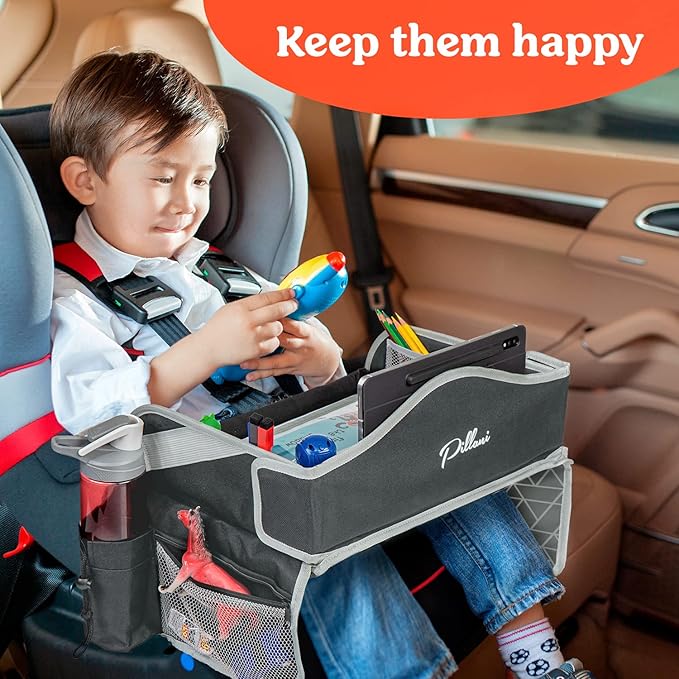 PILLANI Kids Travel Tray for Car - Car Seat Tray for Toddler - Road Trip Essentials Kids w/ iPad Holder Stand, Carseat Table Tray for Kids Road Trip Activities, Toddler Lap Desk Organizer for Airplane