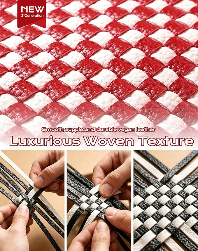 Trendy Woven Checkered Crossbody Bum Bag for Women，PU Leather Checkered Purse Fanny Packs Belt Bag (Woven Bum Bag - Red White)