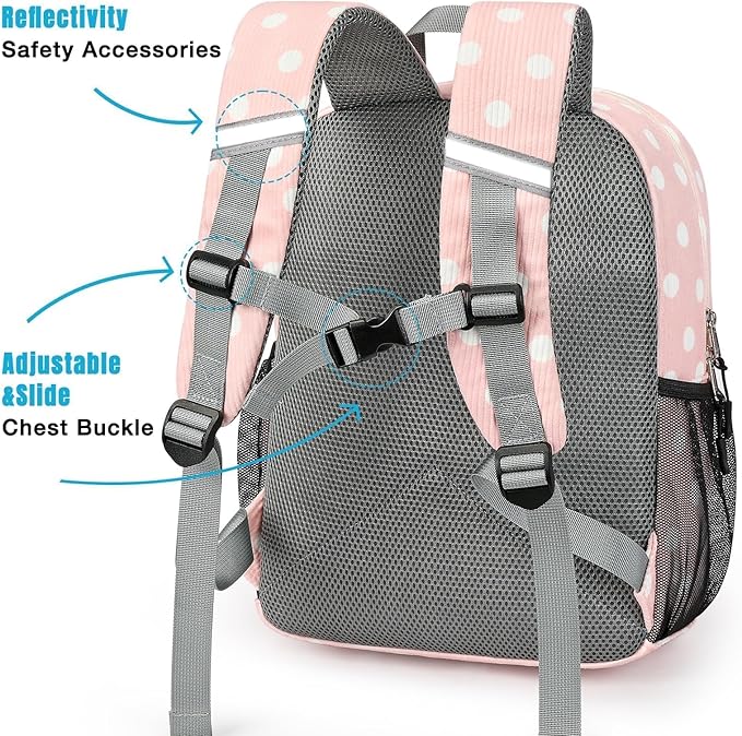 STEAMEDBUN Corduroy Kids Backpack for Girls Boys 3-8, Girls Backpack for Elementary Kindergarten - Polka Dot